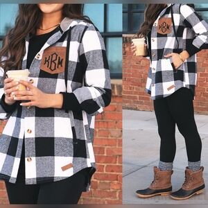 Marley Lilly Monogrammed Plaid Shacket Hooded Jacket Black White Medium NWOT